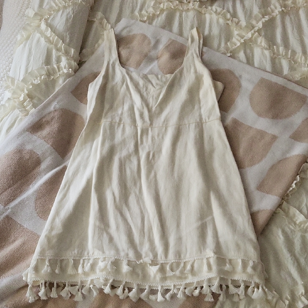 LULUS Cream White Linen Summer Dress With Fringe Detail